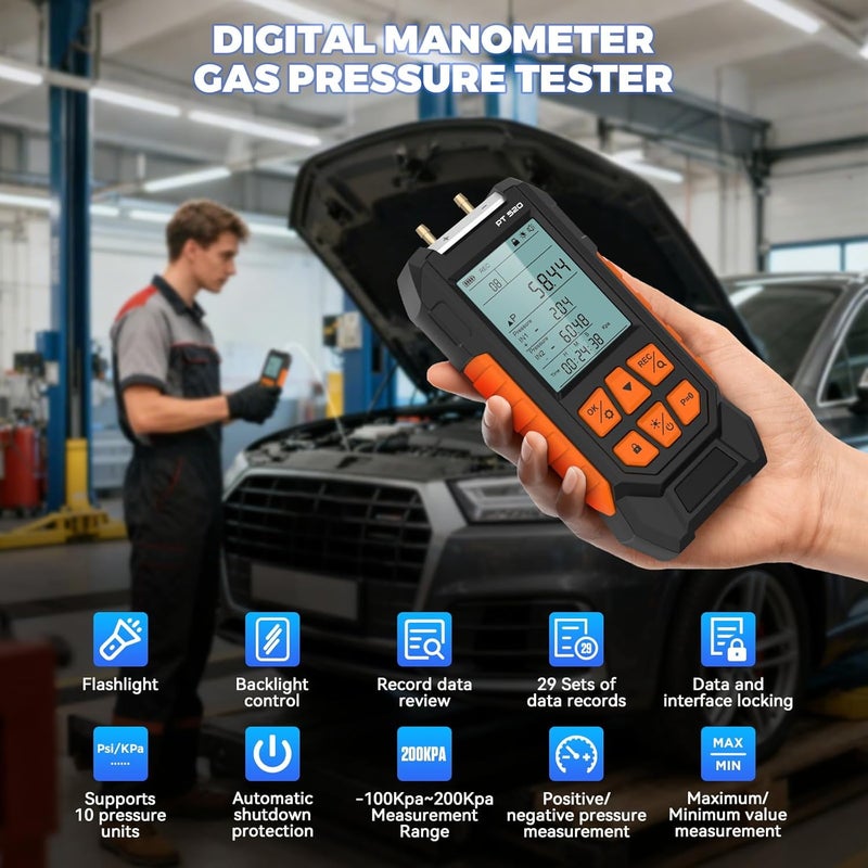 Autory Manometer Gas Pressure Tester Dual-Port Digital Manometer 10 Measurement Units, Manometer HVAC Gas Pressure Tester with 29 Sets Data Recording, Backlight & Flashlight, Auto-Shutdown, -100 to 200Kpa - Image 2